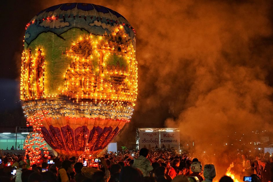 hot air balloon at night in Myanma